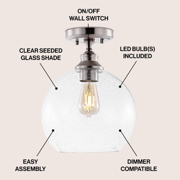 Marla 9.75" Bohemian Farmhouse Iron/Seeded Glass LED Semi Flush Mount - JONATHAN Y